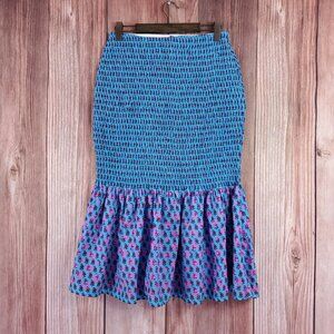 NWT J Crew Smocked Skirt Womens Sz 12 Layered Block Print Monaco Blue Iris AO827